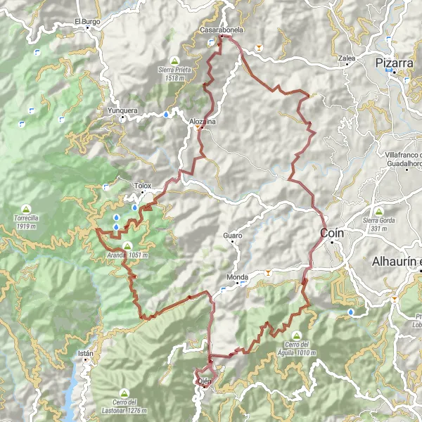 Miniatura della mappa di ispirazione al ciclismo "Montagne e Villaggi Gravel Tour" nella regione di Andalucía, Spain. Generata da Tarmacs.app, pianificatore di rotte ciclistiche