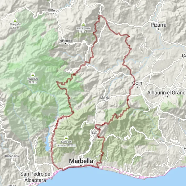 Miniatua del mapa de inspiración ciclista "Ruta de Montaña de Casarabonela" en Andalucía, Spain. Generado por Tarmacs.app planificador de rutas ciclistas