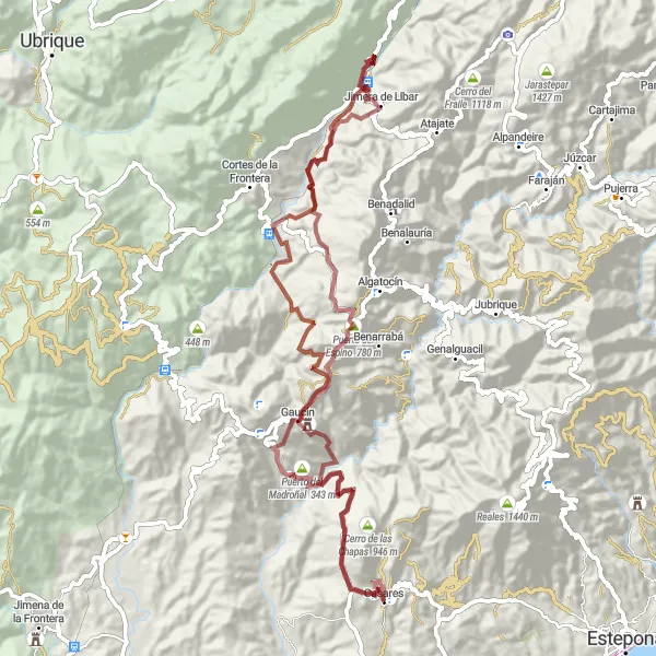 Miniatua del mapa de inspiración ciclista "Ruta de las Sierras en Grava" en Andalucía, Spain. Generado por Tarmacs.app planificador de rutas ciclistas