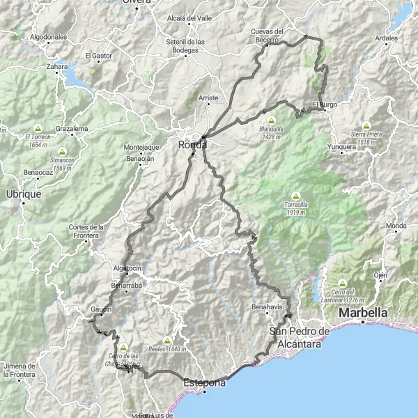 Miniatua del mapa de inspiración ciclista "Desafío de las Sierras Andaluzas" en Andalucía, Spain. Generado por Tarmacs.app planificador de rutas ciclistas