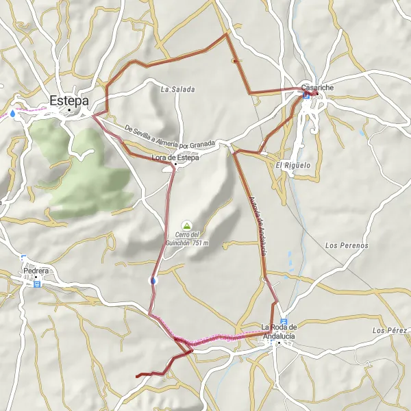 Map miniature of "Casariche Loop via La Roda de Andalucía" cycling inspiration in Andalucía, Spain. Generated by Tarmacs.app cycling route planner