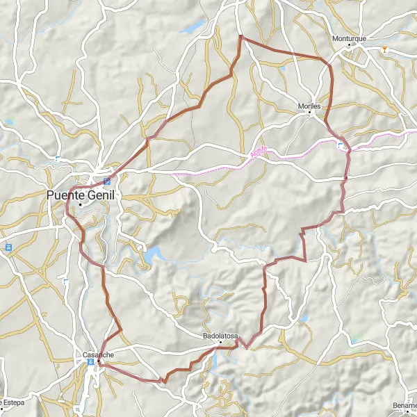 Miniature de la carte de l'inspiration cycliste "Le Tour des Rivières" dans la Andalucía, Spain. Générée par le planificateur d'itinéraire cycliste Tarmacs.app