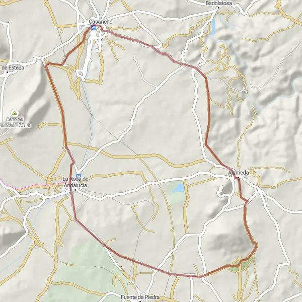 Miniature de la carte de l'inspiration cycliste "La Boucle d'Alameda" dans la Andalucía, Spain. Générée par le planificateur d'itinéraire cycliste Tarmacs.app
