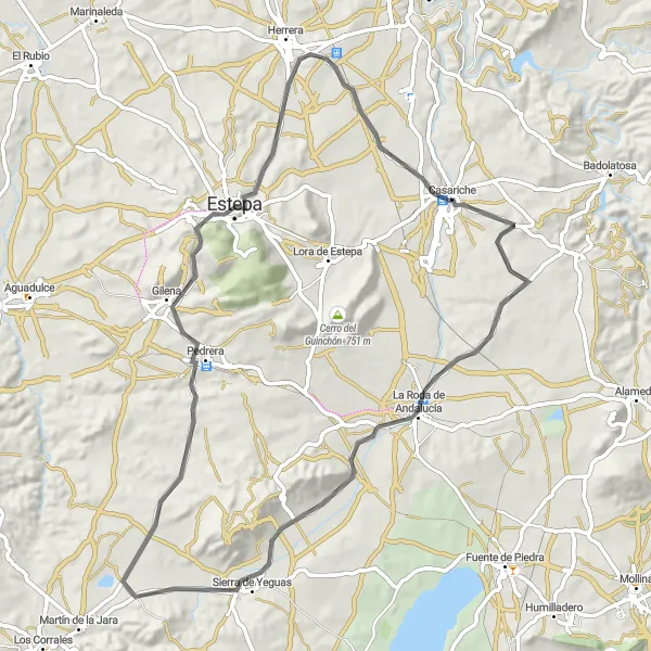 Miniature de la carte de l'inspiration cycliste "Escapade Sierra de Yeguas" dans la Andalucía, Spain. Générée par le planificateur d'itinéraire cycliste Tarmacs.app