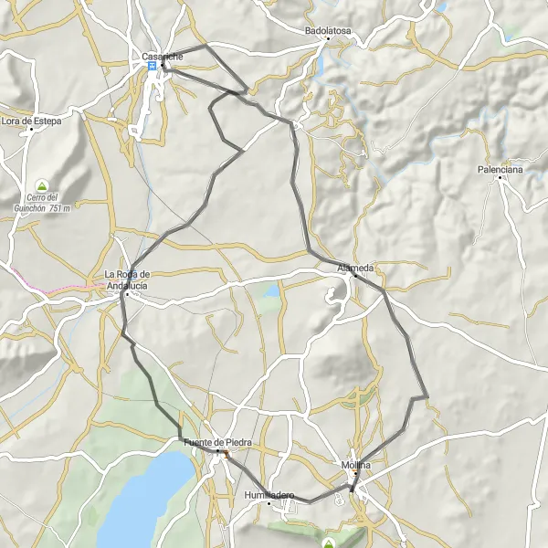 Miniature de la carte de l'inspiration cycliste "Boucle en vélo de route autour de Casariche" dans la Andalucía, Spain. Générée par le planificateur d'itinéraire cycliste Tarmacs.app