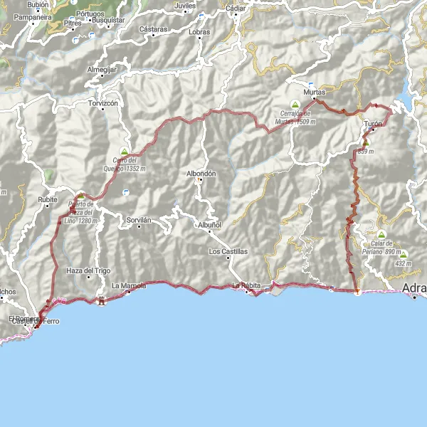Miniaturní mapa "Cyklistická trasa gravlovým kolem s výstupem 3060 metrů" inspirace pro cyklisty v oblasti Andalucía, Spain. Vytvořeno pomocí plánovače tras Tarmacs.app