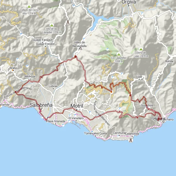 Miniaturní mapa "Cyklistická trasa gravlovým kolem s výstupem 2720 metrů" inspirace pro cyklisty v oblasti Andalucía, Spain. Vytvořeno pomocí plánovače tras Tarmacs.app