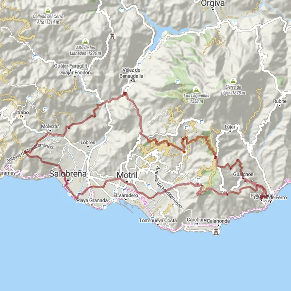 Miniatura della mappa di ispirazione al ciclismo "Il Giro di Motril e Mirador Enrique Morente" nella regione di Andalucía, Spain. Generata da Tarmacs.app, pianificatore di rotte ciclistiche