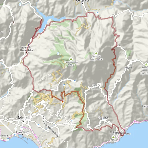 Miniaturní mapa "Gravelové stezky kolem Vélez de Benaudalla" inspirace pro cyklisty v oblasti Andalucía, Spain. Vytvořeno pomocí plánovače tras Tarmacs.app