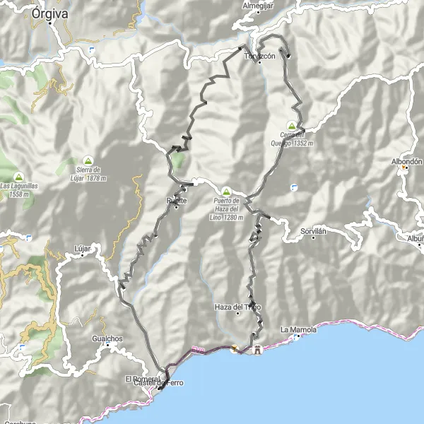 Miniature de la carte de l'inspiration cycliste "Les collines de l'Alpujarra" dans la Andalucía, Spain. Générée par le planificateur d'itinéraire cycliste Tarmacs.app
