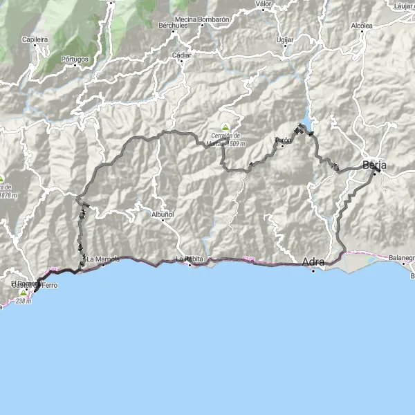 Miniatua del mapa de inspiración ciclista "Reto del Topografía en Carretera desde Castell de Ferro" en Andalucía, Spain. Generado por Tarmacs.app planificador de rutas ciclistas