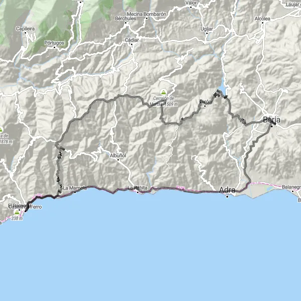 Map miniature of "The Three Peaks Circuit" cycling inspiration in Andalucía, Spain. Generated by Tarmacs.app cycling route planner