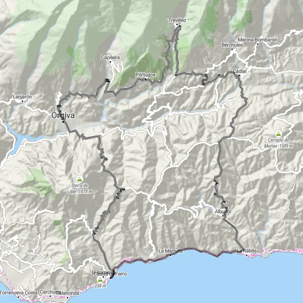 Miniatura della mappa di ispirazione al ciclismo "Giri in bicicletta Castell de Ferro - Route 3" nella regione di Andalucía, Spain. Generata da Tarmacs.app, pianificatore di rotte ciclistiche