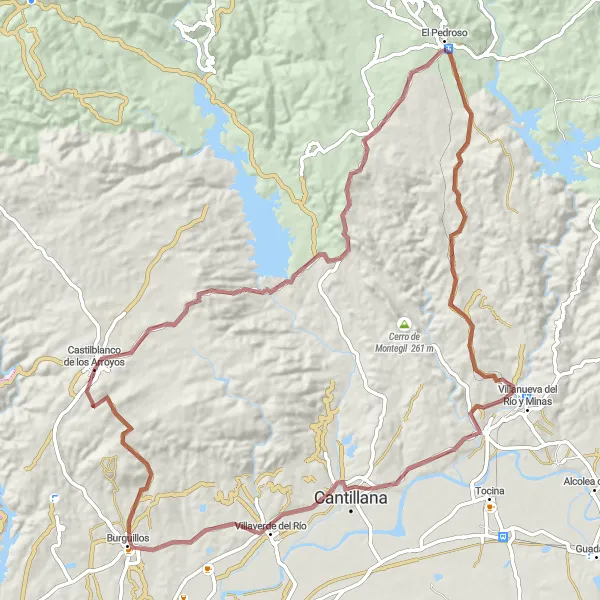 Map miniature of "Castilblanco de los Arroyos to Villaverde del Río Gravel Route" cycling inspiration in Andalucía, Spain. Generated by Tarmacs.app cycling route planner