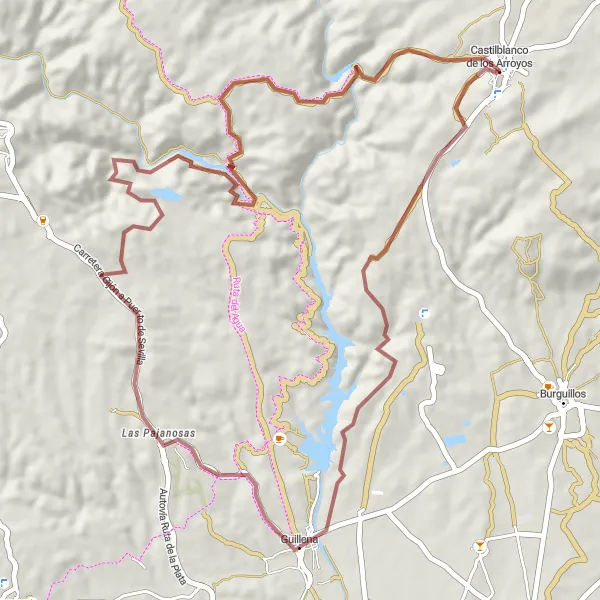 Map miniature of "Castilblanco de los Arroyos to Las Pajanosas Gravel Route" cycling inspiration in Andalucía, Spain. Generated by Tarmacs.app cycling route planner