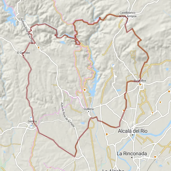 Miniatura mapy "Wyprawa gravelowa przez Burguillos, Guillena i El Garrobo" - trasy rowerowej w Andalucía, Spain. Wygenerowane przez planer tras rowerowych Tarmacs.app