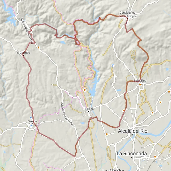 Map miniature of "Castilblanco de los Arroyos to El Garrobo Gravel Route" cycling inspiration in Andalucía, Spain. Generated by Tarmacs.app cycling route planner