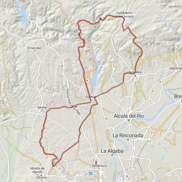 Miniatura mapy "Przejażdżka gravelowa przez Burguillos i Guillena" - trasy rowerowej w Andalucía, Spain. Wygenerowane przez planer tras rowerowych Tarmacs.app