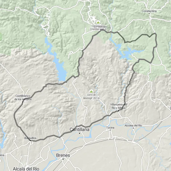 Map miniature of "Castilblanco de los Arroyos to Villanueva del Río y Minas Road Route" cycling inspiration in Andalucía, Spain. Generated by Tarmacs.app cycling route planner