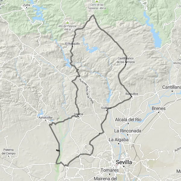 Miniatua del mapa de inspiración ciclista "Ruta a El Ronquillo desde Castilblanco de los Arroyos" en Andalucía, Spain. Generado por Tarmacs.app planificador de rutas ciclistas
