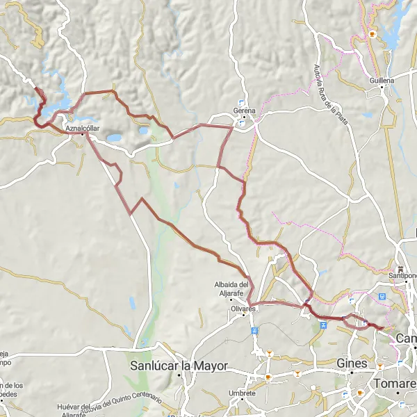 Miniatua del mapa de inspiración ciclista "Ruta de Grava Mirador a Sevilla - Valencina de la Concepción" en Andalucía, Spain. Generado por Tarmacs.app planificador de rutas ciclistas