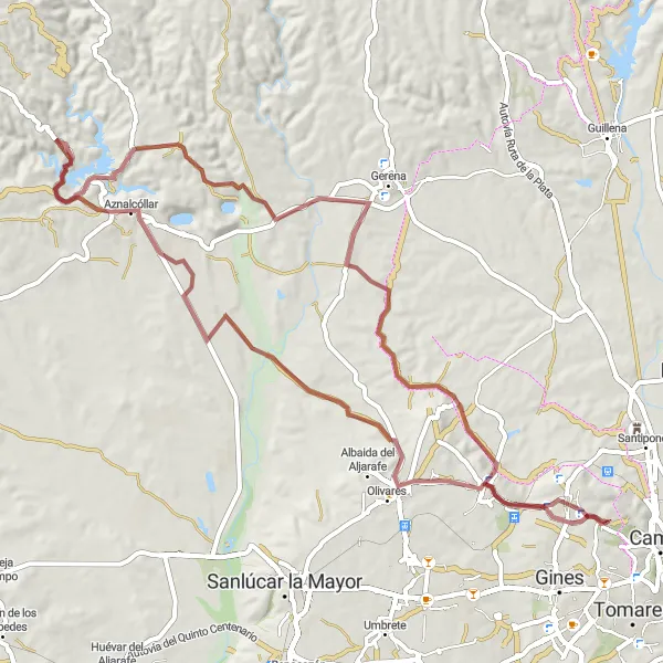 Map miniature of "Gravel Adventure to Aznalcóllar" cycling inspiration in Andalucía, Spain. Generated by Tarmacs.app cycling route planner