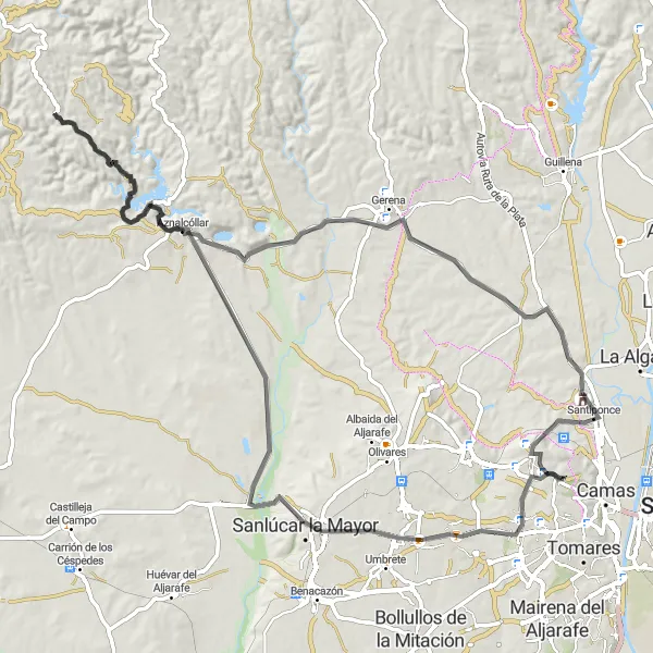 Miniatuurkaart van de fietsinspiratie "Rondrit vanuit Castilleja de Guzmán (Spanje)" in Andalucía, Spain. Gemaakt door de Tarmacs.app fietsrouteplanner