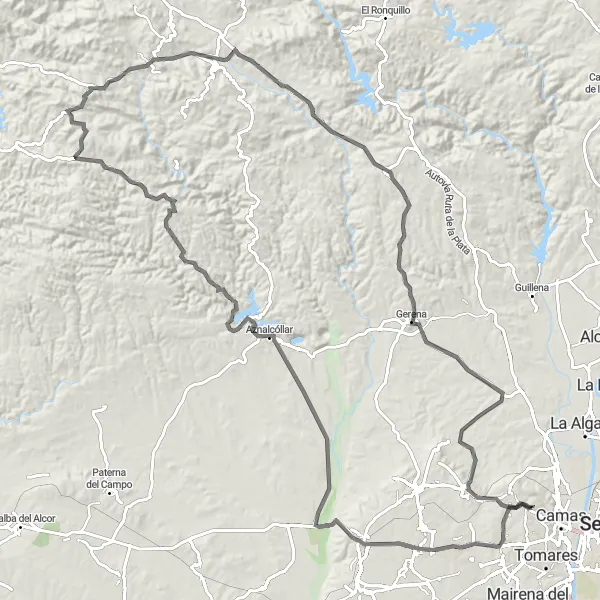 Miniatura mapy "Rowerowa trasa dookoła Castilleja de Guzmán (Andaluzja, Hiszpania)" - trasy rowerowej w Andalucía, Spain. Wygenerowane przez planer tras rowerowych Tarmacs.app