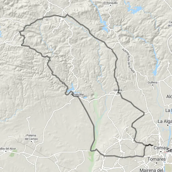 Map miniature of "Castilleja de Guzmán and Surroundings" cycling inspiration in Andalucía, Spain. Generated by Tarmacs.app cycling route planner