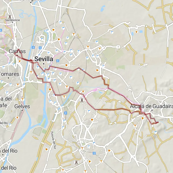 Miniatuurkaart van de fietsinspiratie "Offroad avontuur van Camas naar Cerro de El Carambolo" in Andalucía, Spain. Gemaakt door de Tarmacs.app fietsrouteplanner