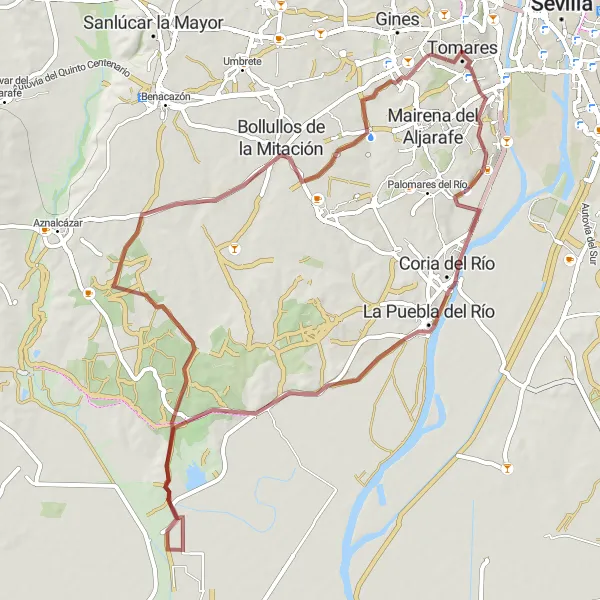 Miniatura della mappa di ispirazione al ciclismo "Cicloturismo tra San Juan de Aznalfarache e Bormujos" nella regione di Andalucía, Spain. Generata da Tarmacs.app, pianificatore di rotte ciclistiche