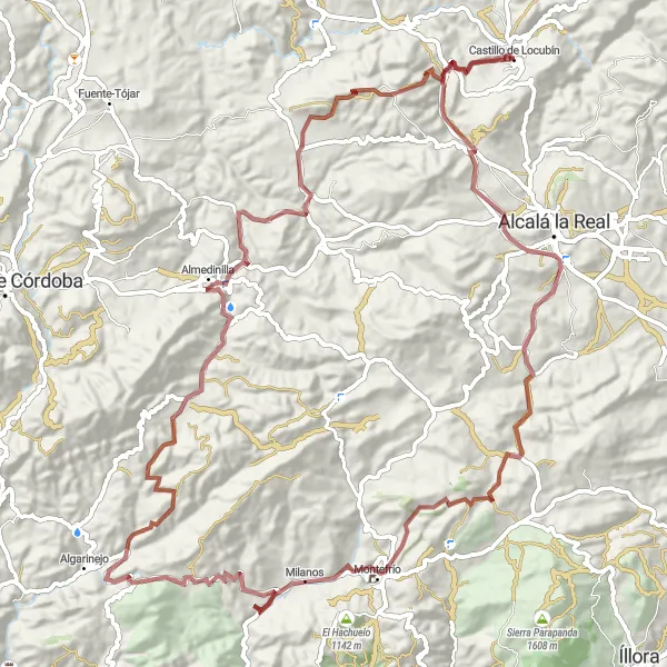Miniaturní mapa "Gravel dobrodružství" inspirace pro cyklisty v oblasti Andalucía, Spain. Vytvořeno pomocí plánovače tras Tarmacs.app