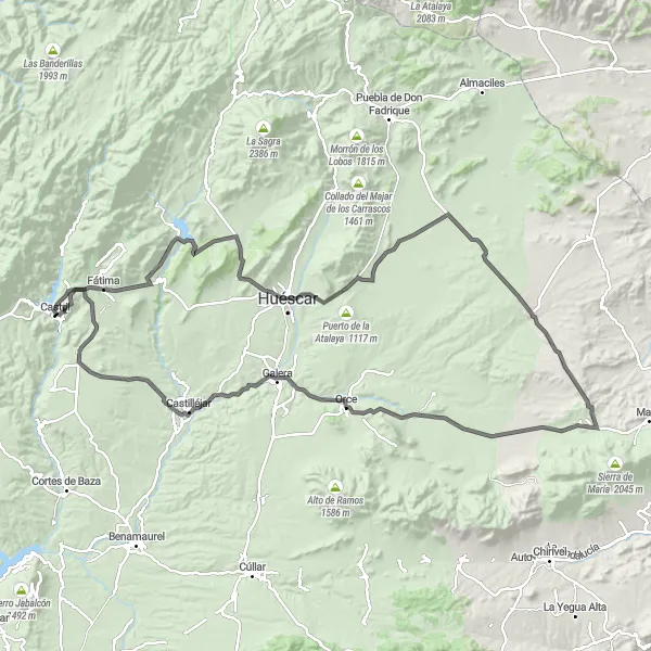 Miniaturní mapa "Cyklotrasa Huéscar" inspirace pro cyklisty v oblasti Andalucía, Spain. Vytvořeno pomocí plánovače tras Tarmacs.app