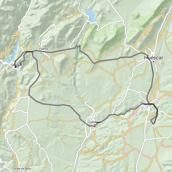 Miniature de la carte de l'inspiration cycliste "Parcours routier à travers Huéscar et Almontaras" dans la Andalucía, Spain. Générée par le planificateur d'itinéraire cycliste Tarmacs.app