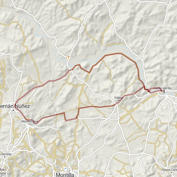 Karten-Miniaturansicht der Radinspiration "Abwechslungsreiche Schotterstrecke um Castro del Río" in Andalucía, Spain. Erstellt vom Tarmacs.app-Routenplaner für Radtouren