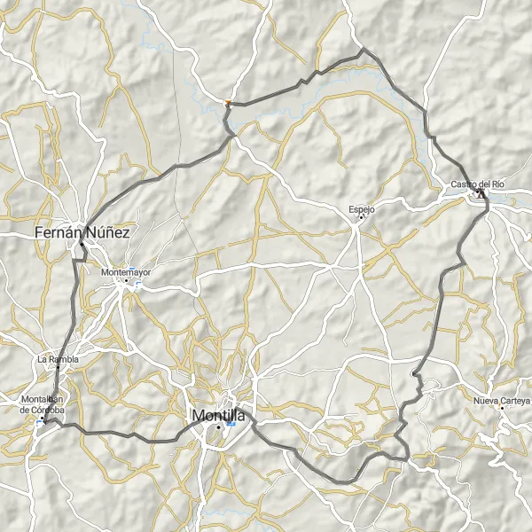 Miniatura mapy "Trasa rowerowa Castro del Río - Mirador de la Escuchuela - Montilla - La Rambla - Palacio Ducal - Santa Cruz" - trasy rowerowej w Andalucía, Spain. Wygenerowane przez planer tras rowerowych Tarmacs.app