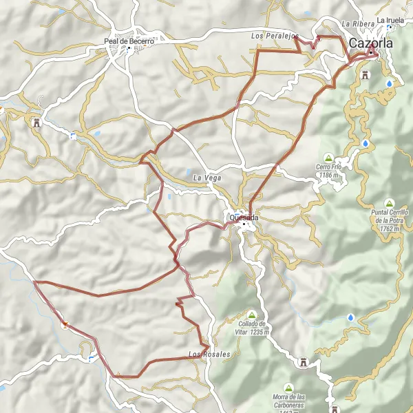 Miniatura della mappa di ispirazione al ciclismo "Percorso in gravel tra le rovine di Santa María e Cazorla" nella regione di Andalucía, Spain. Generata da Tarmacs.app, pianificatore di rotte ciclistiche