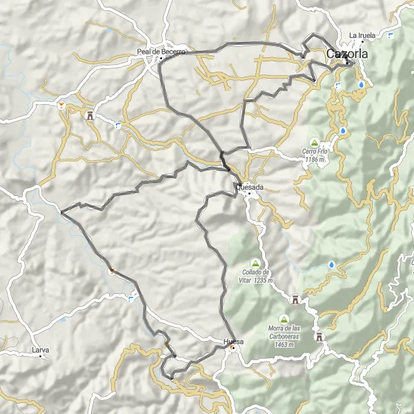 Miniature de la carte de l'inspiration cycliste "Route de Cazorla à travers les oliveraies" dans la Andalucía, Spain. Générée par le planificateur d'itinéraire cycliste Tarmacs.app