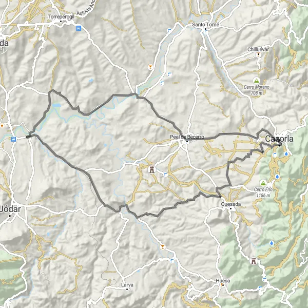 Miniaturní mapa "Road cyklostezka okolo Cazorly" inspirace pro cyklisty v oblasti Andalucía, Spain. Vytvořeno pomocí plánovače tras Tarmacs.app