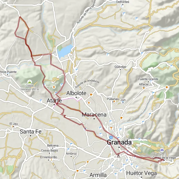 Miniatuurkaart van de fietsinspiratie "Gravelavontuur naar Maracena" in Andalucía, Spain. Gemaakt door de Tarmacs.app fietsrouteplanner