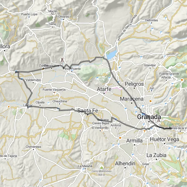 Miniatura della mappa di ispirazione al ciclismo "Giro in bici ad anello tra Lancha del Genil e Albolote" nella regione di Andalucía, Spain. Generata da Tarmacs.app, pianificatore di rotte ciclistiche