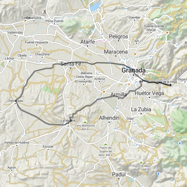 Miniatura della mappa di ispirazione al ciclismo "Giro in bicicletta ad anello da Cenes de la Vega" nella regione di Andalucía, Spain. Generata da Tarmacs.app, pianificatore di rotte ciclistiche