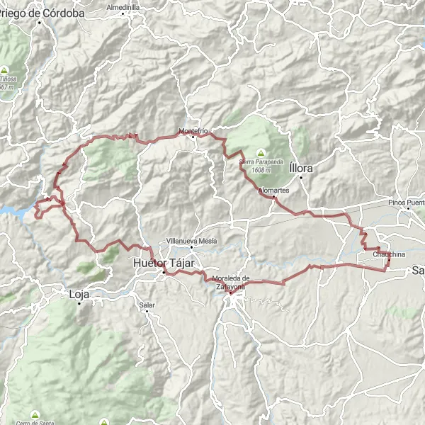 Miniature de la carte de l'inspiration cycliste "Aventure en gravel à Chauchina" dans la Andalucía, Spain. Générée par le planificateur d'itinéraire cycliste Tarmacs.app