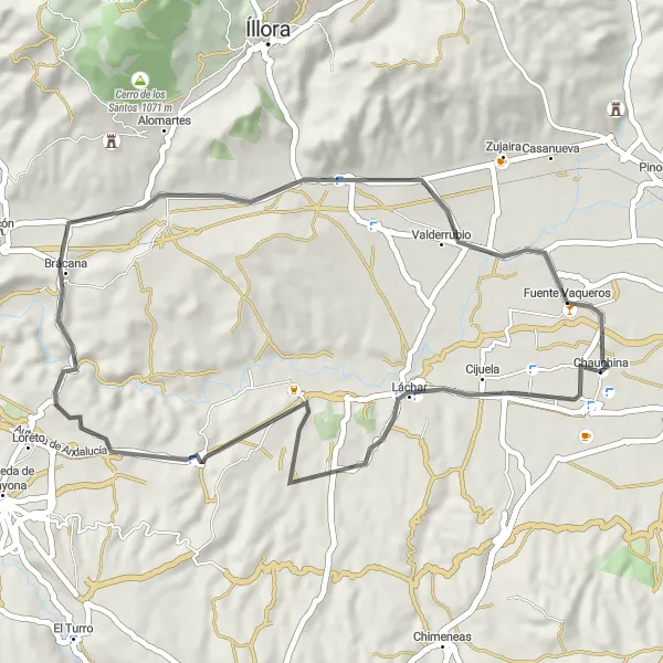 Miniatua del mapa de inspiración ciclista "Ruta a través de Láchar y Fuente Vaqueros" en Andalucía, Spain. Generado por Tarmacs.app planificador de rutas ciclistas