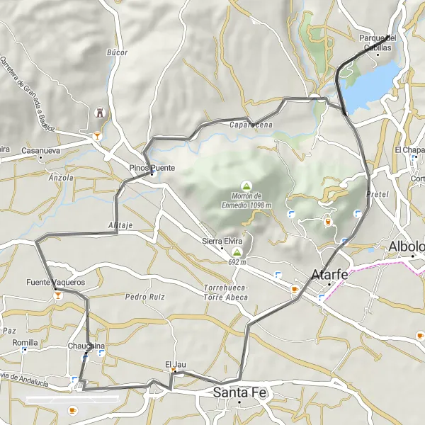 Miniatura mapy "Trasa w okolicy Chauchina: Fuente Vaqueros - Cerro del Tío del Yeso - Pretel - Cerro del Tajo" - trasy rowerowej w Andalucía, Spain. Wygenerowane przez planer tras rowerowych Tarmacs.app