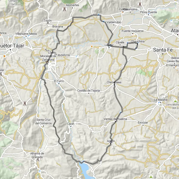 Miniatura mapy "Trasa w okolicy Chauchina: Romilla - Agrón - Pantano de los Bermejales - Moraleda de Zafayona - Obéilar - Láchar" - trasy rowerowej w Andalucía, Spain. Wygenerowane przez planer tras rowerowych Tarmacs.app