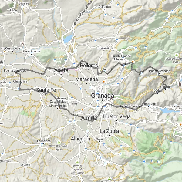 Miniatura mapy "Trasa Road: Chauchina - Quéntar - Cúllar Vega - Fuente Vaqueros" - trasy rowerowej w Andalucía, Spain. Wygenerowane przez planer tras rowerowych Tarmacs.app