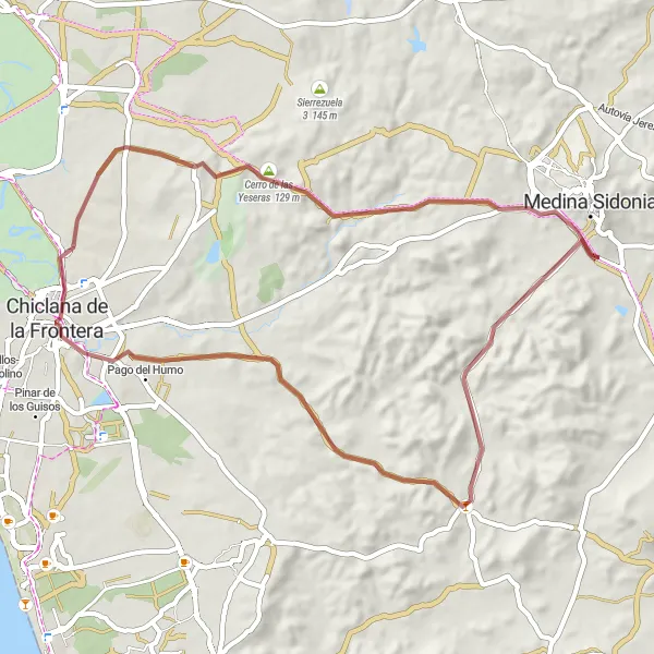 Miniature de la carte de l'inspiration cycliste "Exploration gravel autour de Chiclana" dans la Andalucía, Spain. Générée par le planificateur d'itinéraire cycliste Tarmacs.app