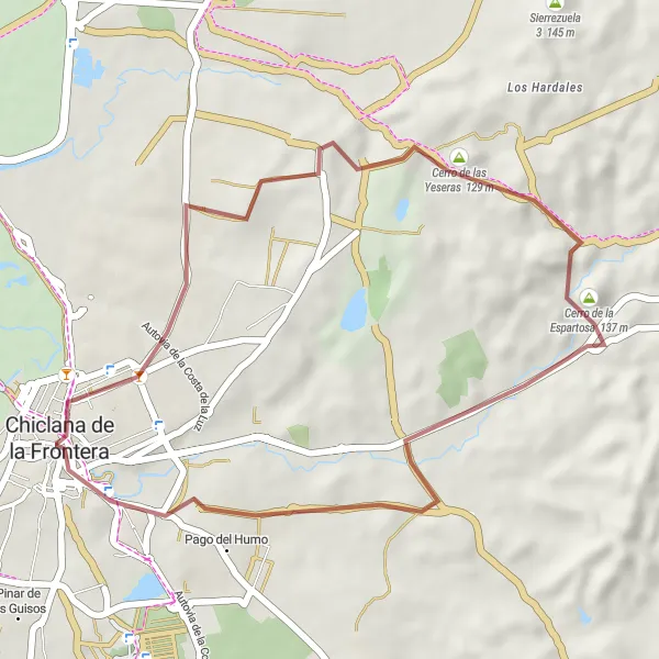 Miniature de la carte de l'inspiration cycliste "Escapade Nature à Chiclana" dans la Andalucía, Spain. Générée par le planificateur d'itinéraire cycliste Tarmacs.app