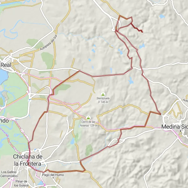 Miniaturní mapa "Gravelová cyklistická trasa kolem Chiclany de la Frontera" inspirace pro cyklisty v oblasti Andalucía, Spain. Vytvořeno pomocí plánovače tras Tarmacs.app